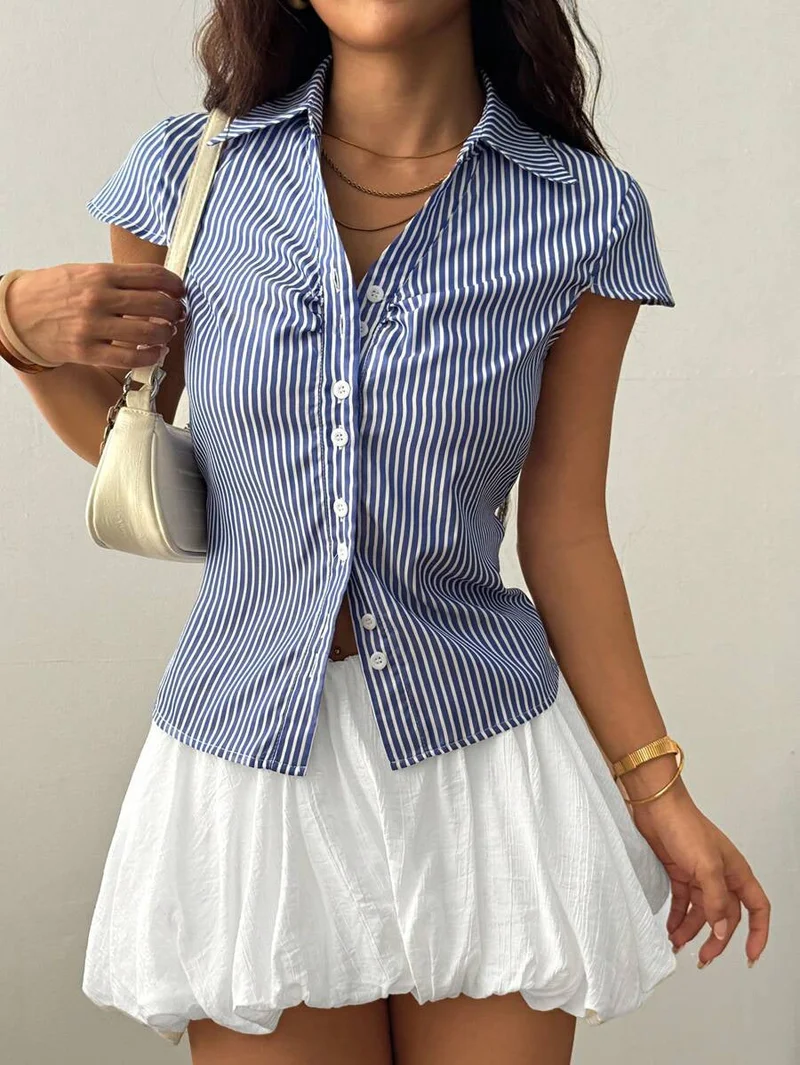 Blue Short Sleeve Collared Neck Front Buttoned Top